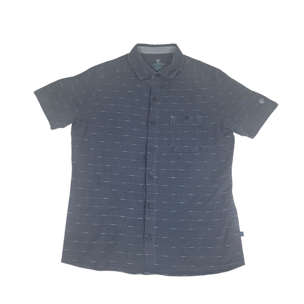 Kuhl Button Up Shirt Men's S Blue Linen Blend Short Sleeve Hiking Outdoor